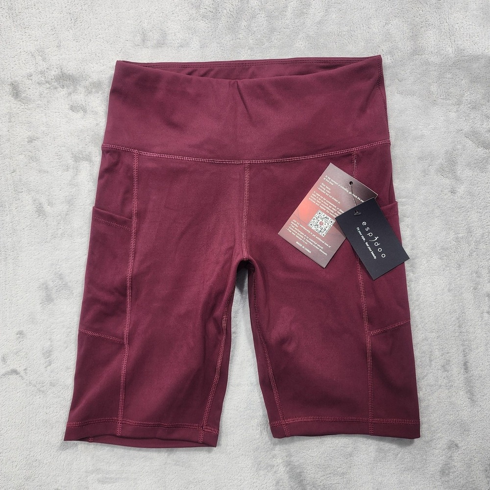 Espidoo Biker Shorts Womens S Red Burgundy High Rise Pockets Stretch Gym Workout